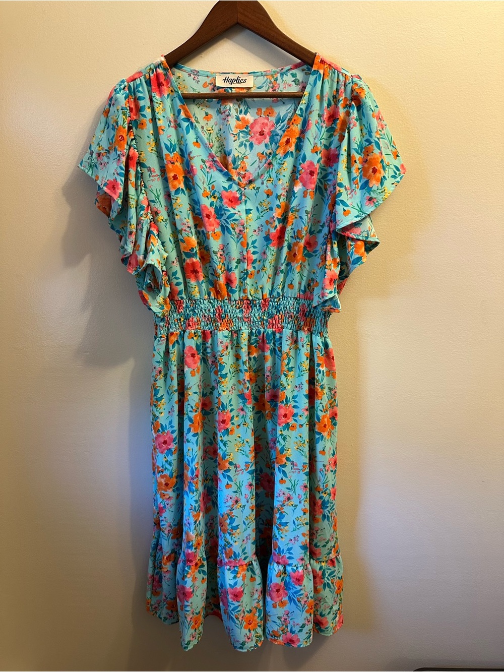 #368 Haptics Turquoise Floral V-Neck Smocked Midi Dress
